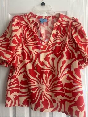 CeCe Red Swirl Print Blouse with Cream Base